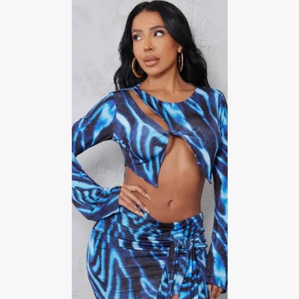 Shape Blue Zebra Print Slinky Twist Split Crop Top Pretty Little Thing 12 UK